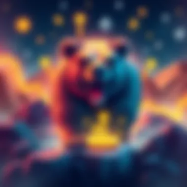 A visual representation of a bear market in cryptocurrency. A bear symbolizes market decline, surrounded by cryptocurrency symbols and arrows showing downward trends.