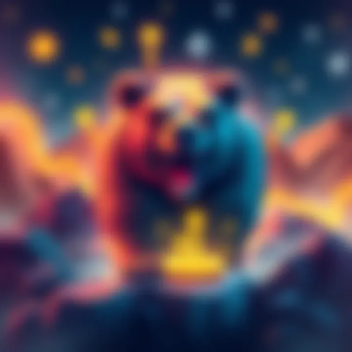 A visual representation of a bear market in cryptocurrency. A bear symbolizes market decline, surrounded by cryptocurrency symbols and arrows showing downward trends.