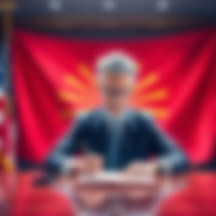 An Arizona lawmaker signs a document aimed at exempting cryptocurrency from property taxes, with a backdrop of the state flag and crypto symbols.