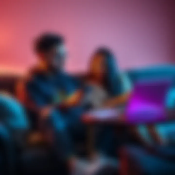 A young couple discussing cryptocurrency on a couch, with a laptop and charts on the table, showcasing their shared interest in the crypto market.