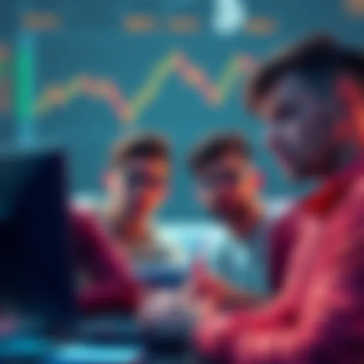 Group of young men focused on cryptocurrency charts, ignoring family and friends around them.