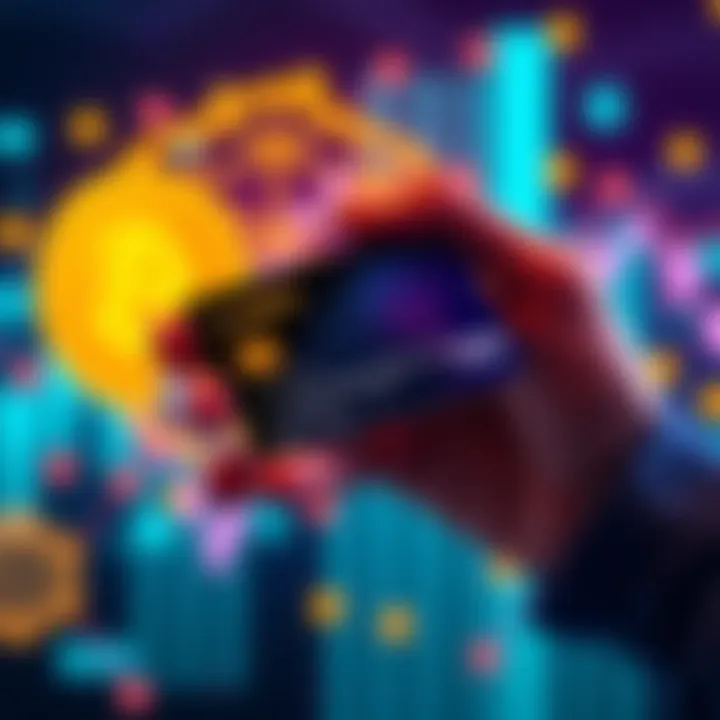 A person holding a modern cryptocurrency card with digital currency icons in the background