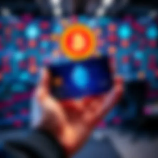 Crypto card in hand A person holding a crypto card with digital currencies on display in the background