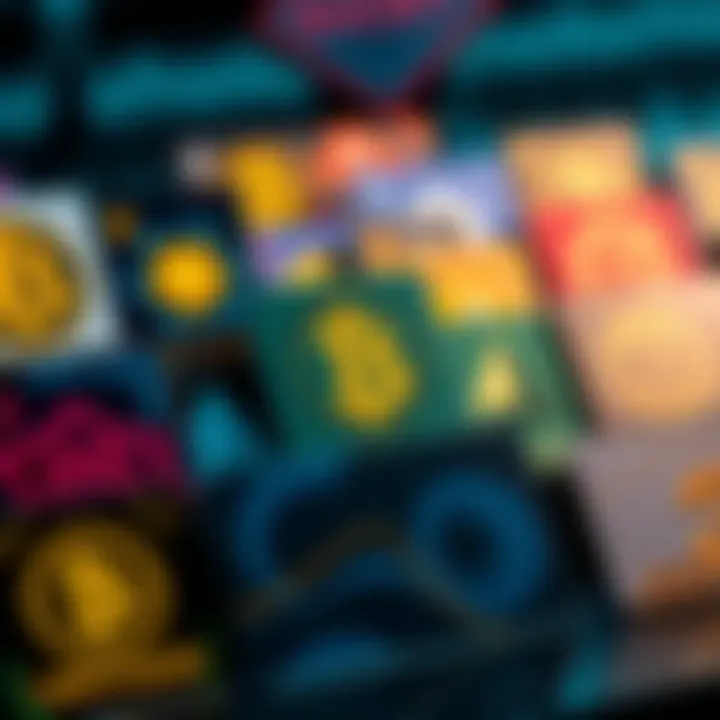 A display of various crypto cards with unique designs and logos, showcasing their features and rewards.