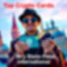 A traveler holding crypto cards in front of famous landmarks, ready for an international trip.