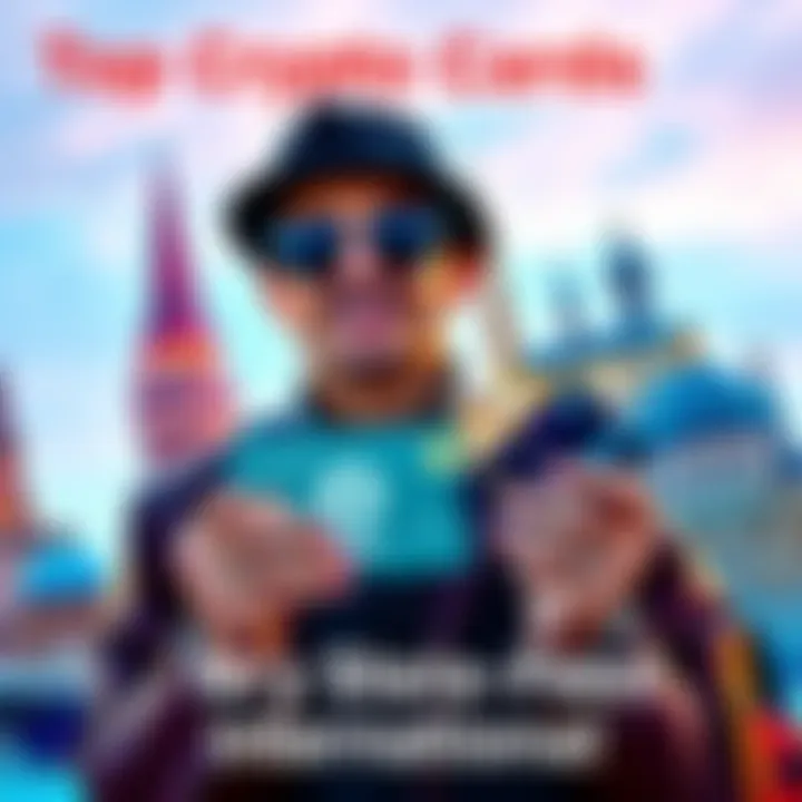 A traveler holding crypto cards in front of famous landmarks, ready for an international trip.