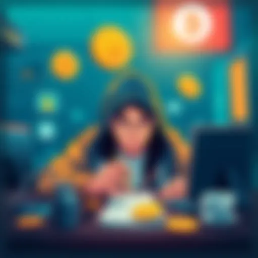 Crypto Cash Out Methods Illustration of a person trying to cash out Bitcoin using different methods like exchanges and peer-to-peer platforms, while being cautious of security risks.