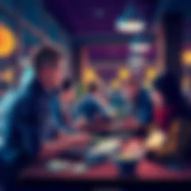 A group of people at a cafe discussing cryptocurrency transactions and exchanging cash