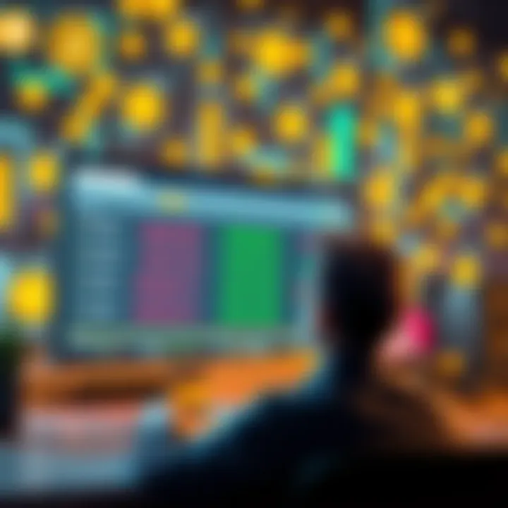 A person looking at a computer screen displaying cryptocurrency values and cashout options, surrounded by digital currency symbols.