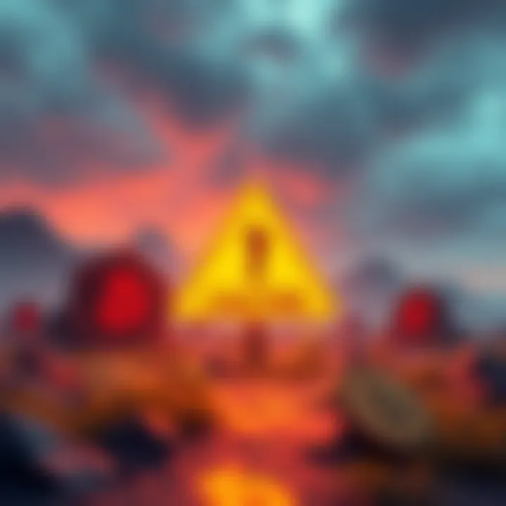 A digital landscape featuring cryptocurrency symbols amidst a caution sign, symbolizing the need for careful trading.