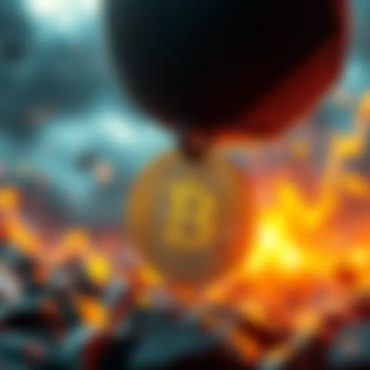 Visual representation of a cryptocurrency market crash, depicting a token being pulled down by a heavy weight, symbolizing the 80% decline in value and developer malfeasance.