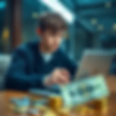 A young person examining different cryptocurrencies on a laptop with a $300 bill beside them, representing low to mid-risk investments.