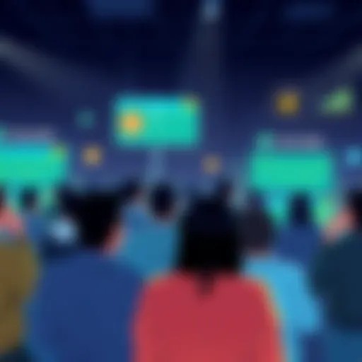 Crypto Community Discussion Illustration of a group of people sharing opinions about cryptocurrency on forums, with graphics showing fluctuating crypto prices and messages indicating auto-mod rule changes.