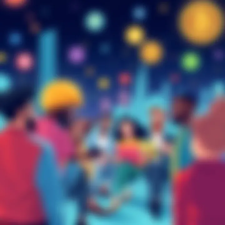 A vibrant illustration depicting diverse individuals engaged in lively discussions about cryptocurrency, with digital currency symbols in the background.