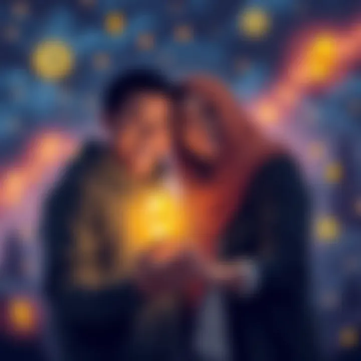 A couple celebrating their crypto success, surrounded by symbols of Ethereum and love