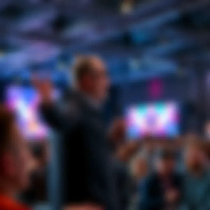 A prominent crypto creator speaks at a conference, showing support for the Cardano founder. The audience listens intently, highlighting unity in the blockchain community.