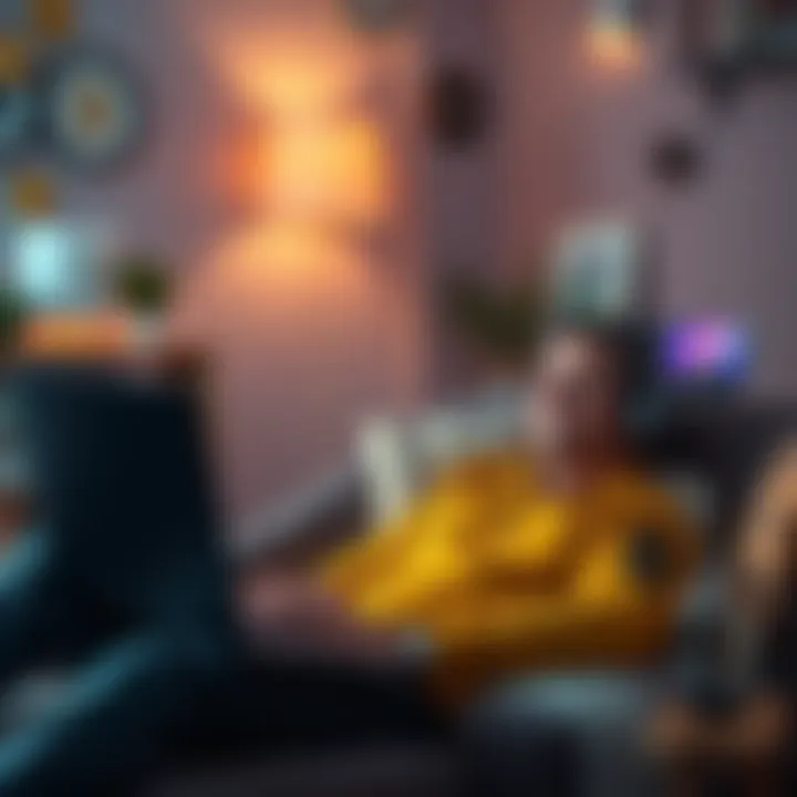 A person sitting on a couch, smiling and watching a laptop screen showing Bitcoin videos, with snacks and a relaxed atmosphere