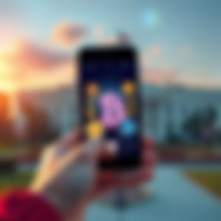 A person holding a smartphone displaying cryptocurrency symbols with government buildings in the background.