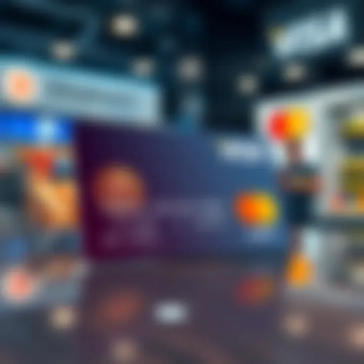 A sleek debit card featuring cryptocurrency icons like Ethereum, USDC, and USDT, placed on a shopping table with a Visa and MasterCard logo in the background.