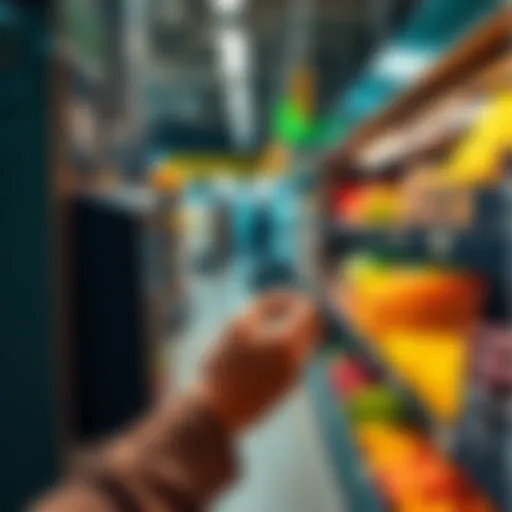 A person holding a smartphone near a payment terminal, completing a transaction with a crypto debit card while shopping in a grocery store