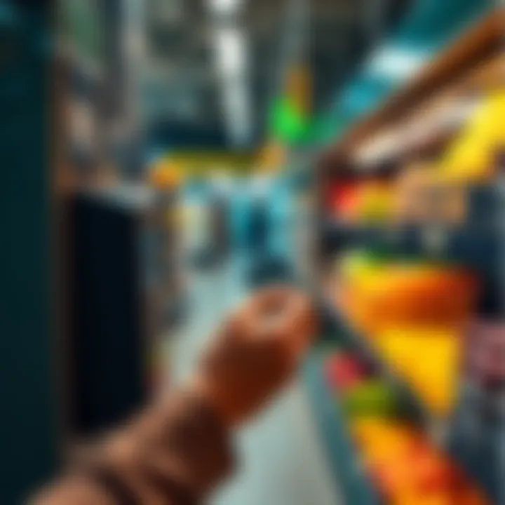 A person holding a smartphone near a payment terminal, completing a transaction with a crypto debit card while shopping in a grocery store