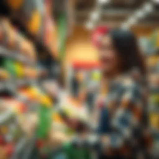 A person shopping with a crypto debit card at a grocery store, smiling while checking out.