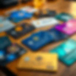 A collection of various crypto debit cards laid out on a table, highlighting their designs and logos, with some cards showing signs of wear and tear, symbolizing recent failures in the market.