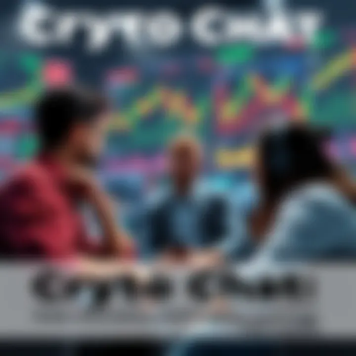 People engaging in a cryptocurrency discussion with charts and trading screens in the background.