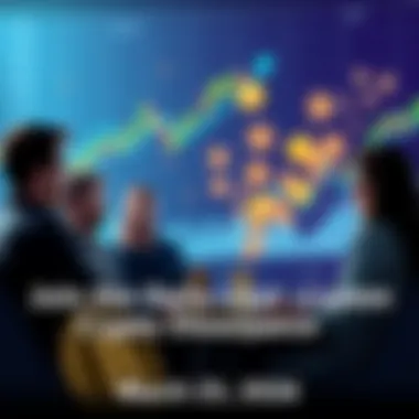 People discussing cryptocurrency A group of people engaged in a conversation about cryptocurrency, with charts and digital coins in the background