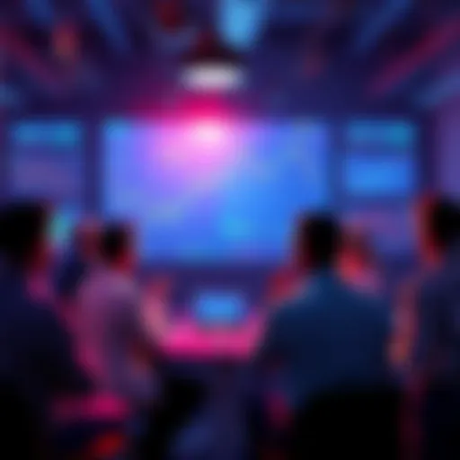 Crypto Discussion Event People engaging in a lively discussion about cryptocurrency trading tips and warnings, surrounded by charts and digital screens.