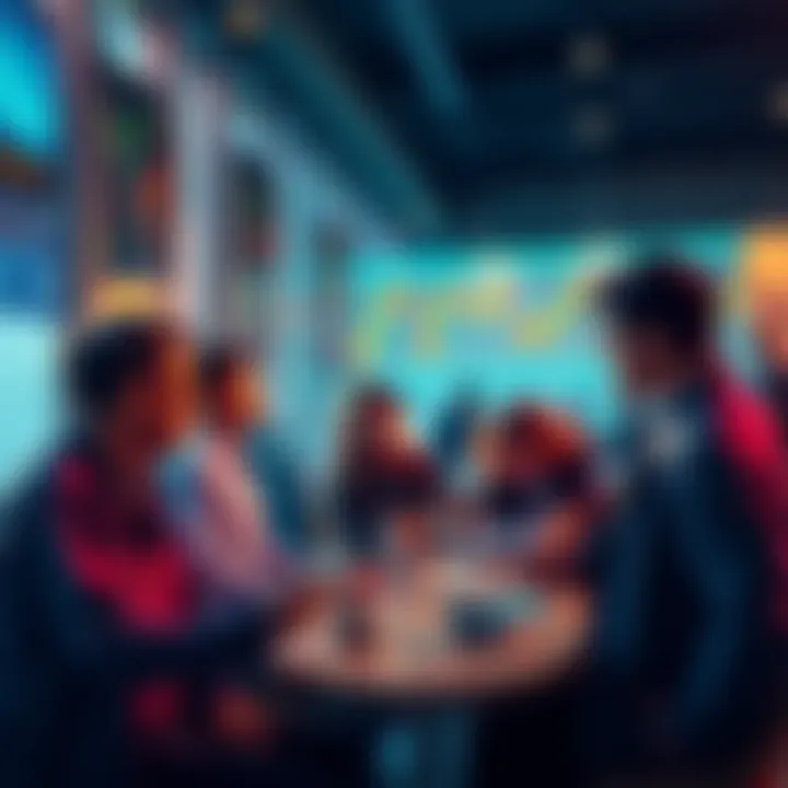 A group of people discussing cryptocurrency with charts and mobile devices in a modern setting.