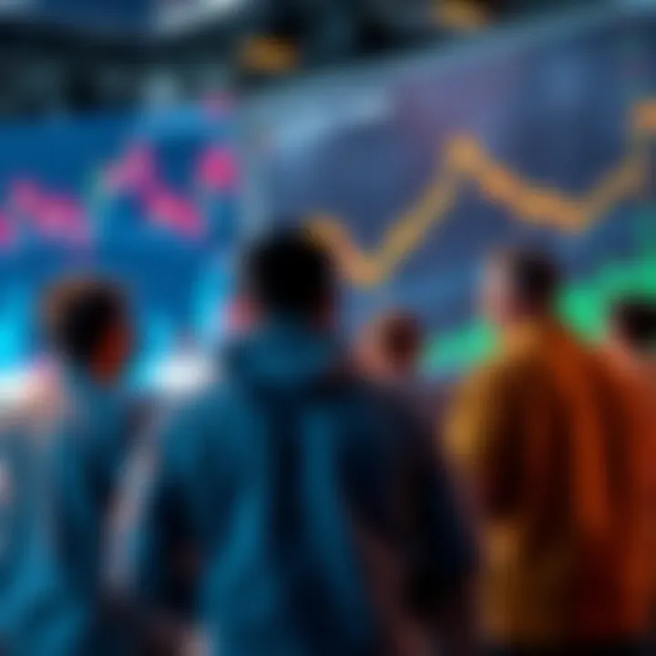 A group of people engaging in a discussion about cryptocurrency trading on forums, with charts and graphs in the background showing market trends.