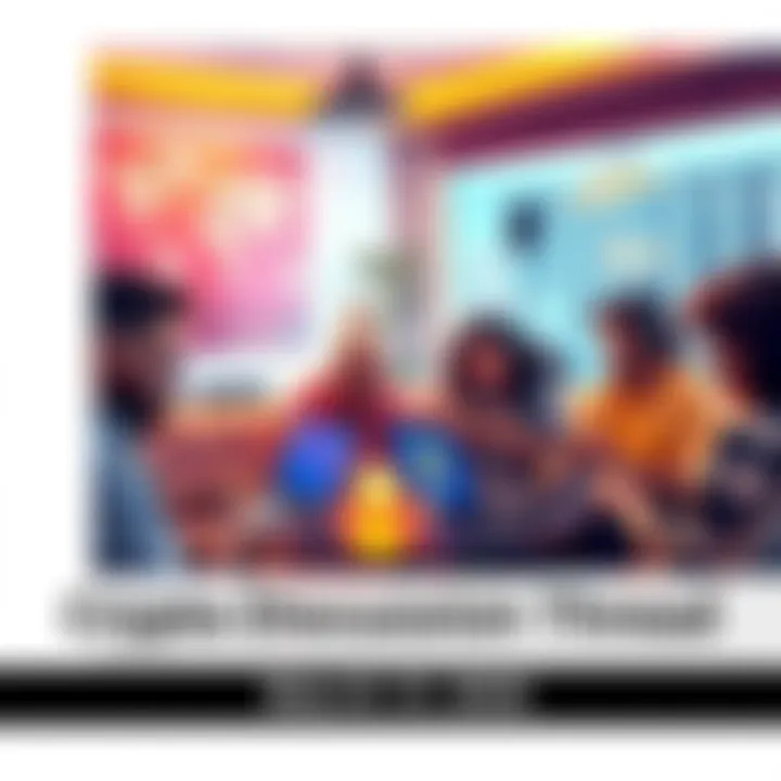 Group of people engaging in a lively discussion about cryptocurrency with laptops and phones in a cozy setting