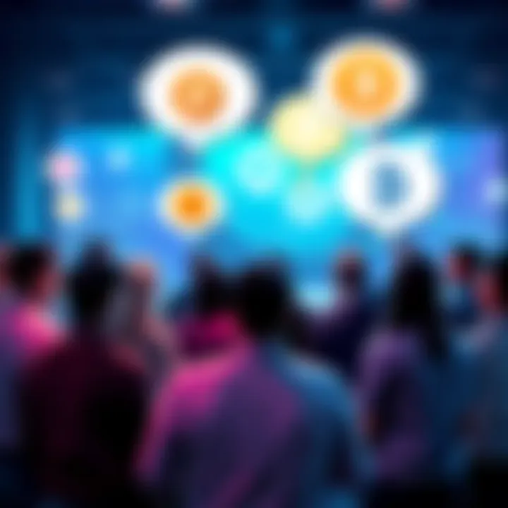 A group of people exchanging ideas about cryptocurrency in a lively forum setting, with speech bubbles representing conversation.