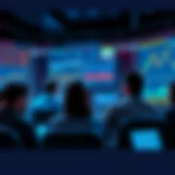 People engaging in a discussion about cryptocurrency with charts and graphs visible on their screens