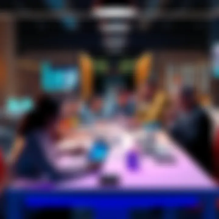 A diverse group of people discussing cryptocurrency strategies around a table with laptops and smartphones.