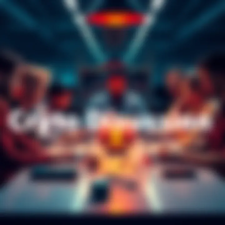 A group of people discussing cryptocurrency trends and sharing insights around a table with laptops and smartphones.