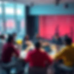 A diverse group of people discussing cryptocurrency at a round table with laptops and notes.