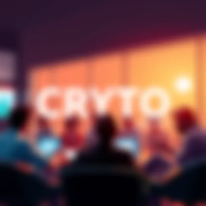 A group of people discussing cryptocurrency topics with laptops and notepads, representing engagement and conversation.