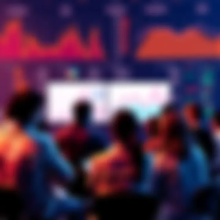 A diverse group of people engaged in a discussion about cryptocurrency topics, with charts and graphs in the background.