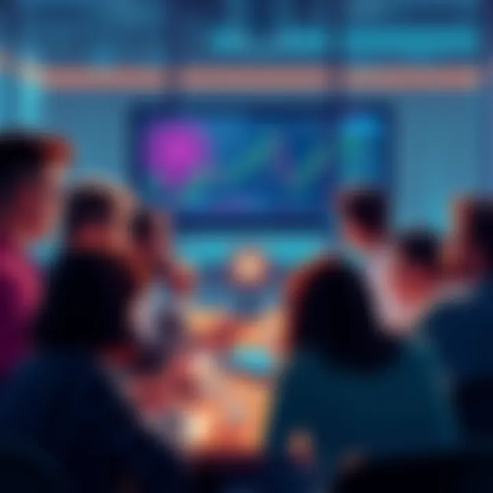 People engaged in a lively discussion about cryptocurrency, sharing tips and insights, with charts and graphs visible on a screen.