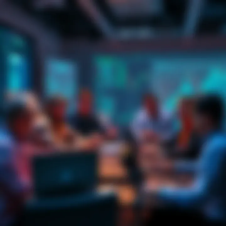 A group of people engaged in a lively conversation about cryptocurrency, with laptops and charts in front of them, highlighting trading insights and caution against scams.