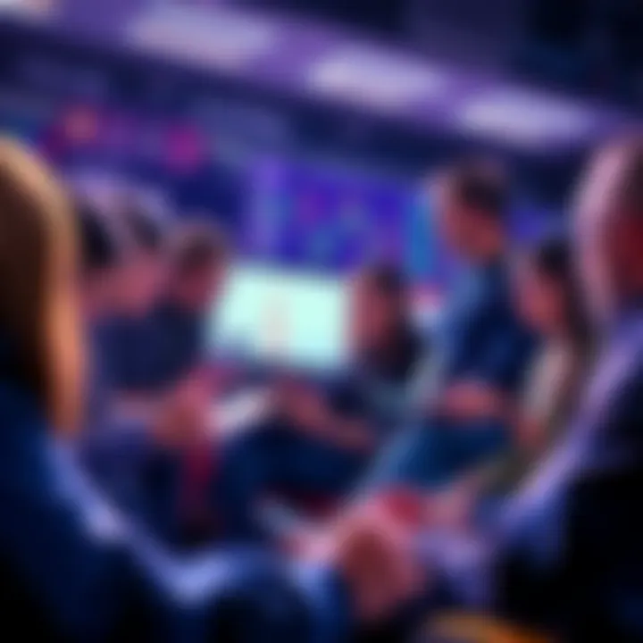 A group of people discussing cryptocurrency, sharing tips, and looking at charts on laptops and phones. Some have notebooks and are exchanging ideas while maintaining a friendly atmosphere.