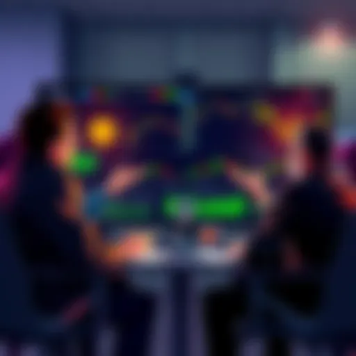 A group of people engaged in a lively discussion about cryptocurrency, with charts and graphs displayed on a screen, emphasizing market trends and advice.