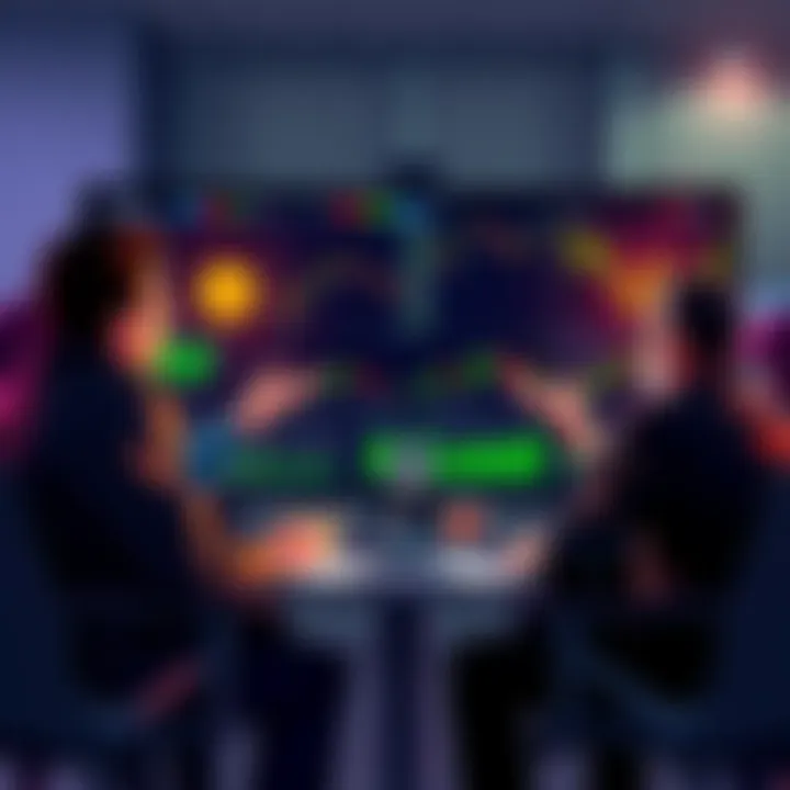 A group of people engaged in a lively discussion about cryptocurrency, with charts and graphs displayed on a screen, emphasizing market trends and advice.