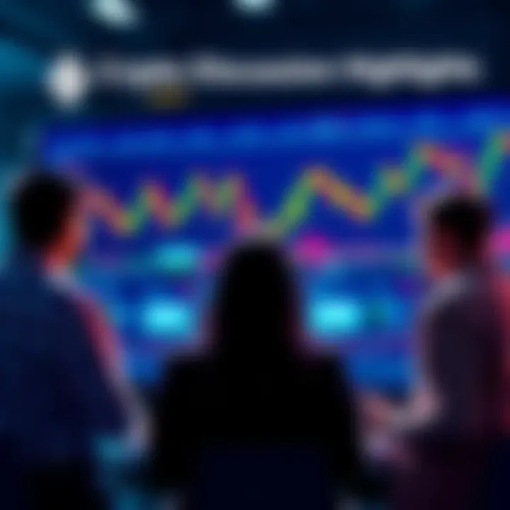 A group of people discussing cryptocurrency trading, with charts and graphs in the background, emphasizing safety and respect in conversations.