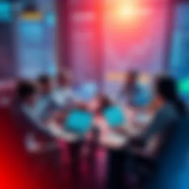A gathering of people discussing cryptocurrency trends and tips around a table, with charts and laptops open, showing an active conversation.