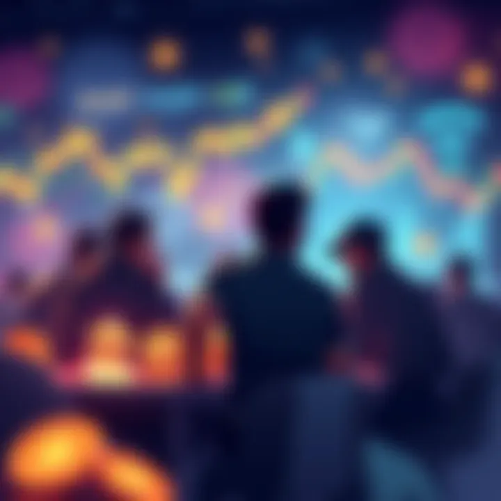 People engaged in a discussion about cryptocurrency, with graphs and digital coins in the background.