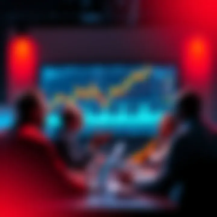 Crypto Discussion Meeting A group of people engaged in a discussion about cryptocurrency, sharing tips and information, with charts and graphs on a screen in the background.