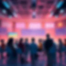 A group of people exchanging ideas about cryptocurrency trading in a digital forum setting, with screens showcasing charts and market trends.